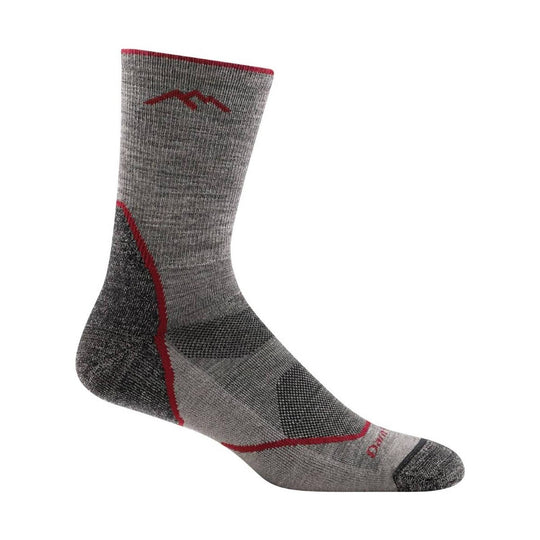 Gray mid-calf hiking sock with red accents and black reinforced heel and toe