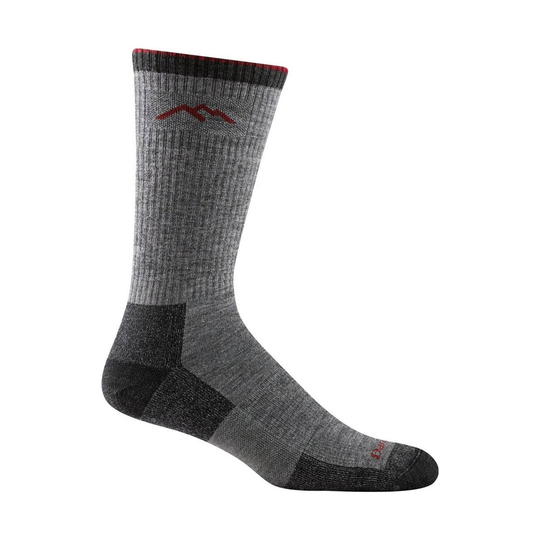 Gray and black midweight hiking sock with red logo accents and cushioned heel and toe