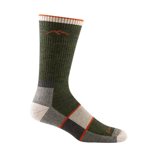 Olive green hiking sock with orange and gray striped cuff and toe
