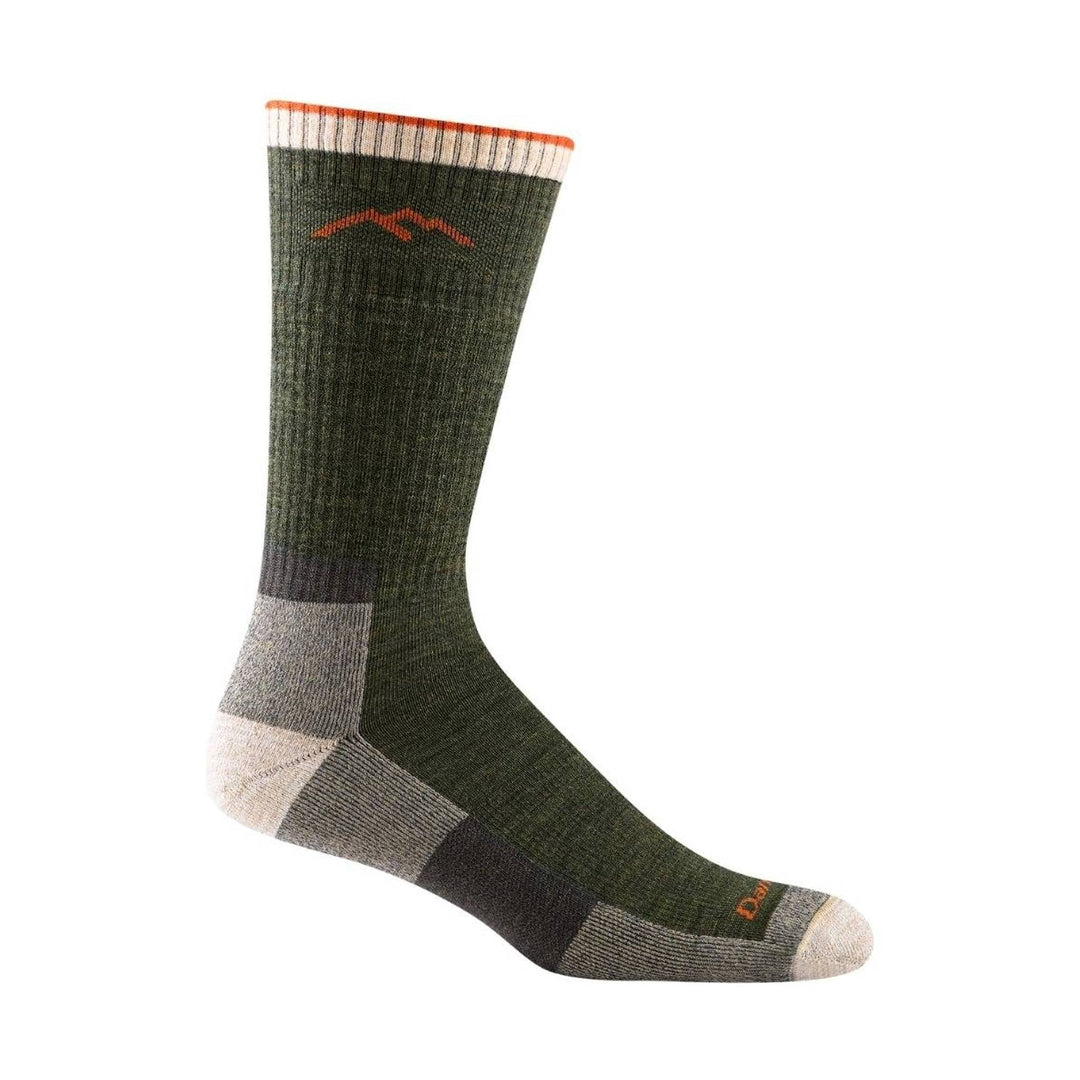 Olive green midweight hiking sock with gray and cream heel and toe panels, orange trim, and visible logo marks