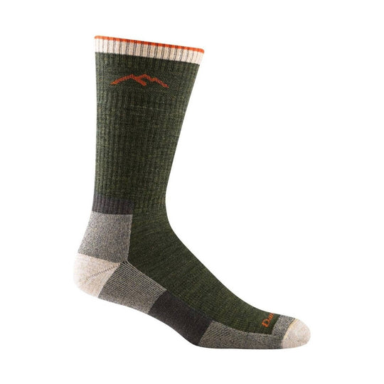 Olive green midweight hiking sock with gray and cream heel and toe panels, orange trim, and visible logo marks