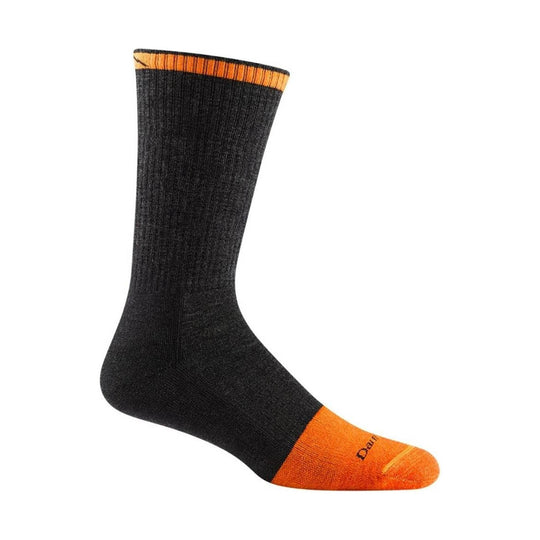 Black midweight crew sock with orange cuff, heel, and toe