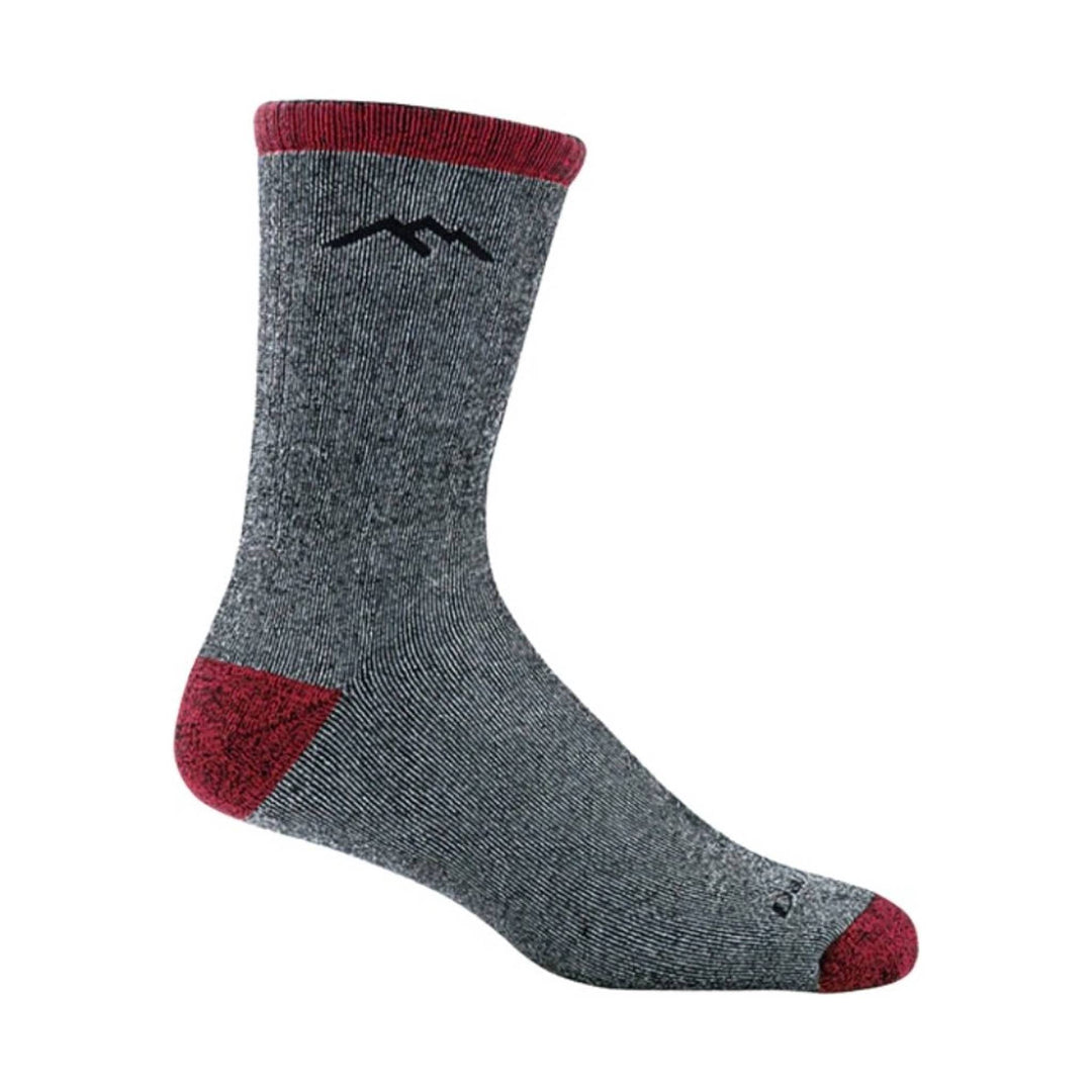 Gray crew sock with red cuff, heel, and toe, plus a black logo on the upper shaft.