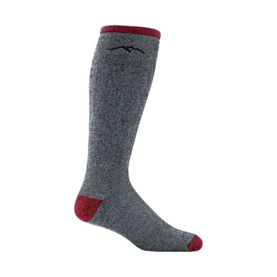 Gray knee-high hiking sock with red cuff, heel, and toe.