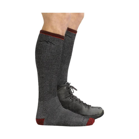 Charcoal over-the-calf hiking socks with red trim, shown with a black boot