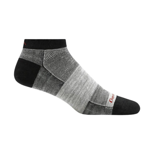 Black and gray ankle running sock with patterned knit sections and small red logo text near the cuff