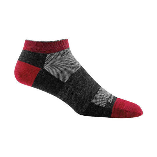 Ankle-length running sock in black, gray, and red color blocks