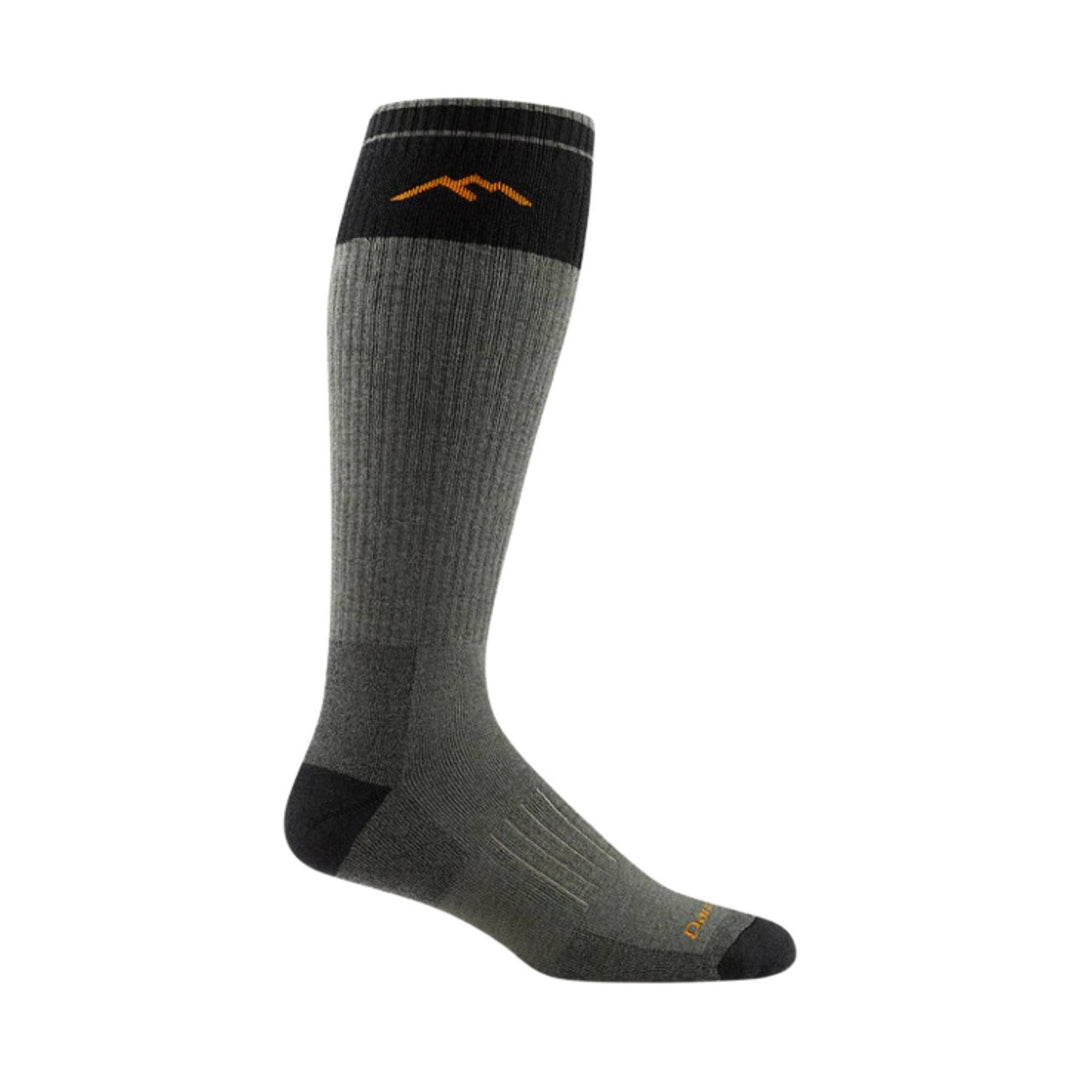 Gray knee-high sock with a black cuff, toe, and heel, plus small orange logo details