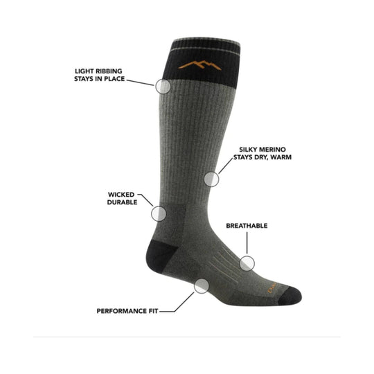 Over-the-calf gray and black sock with callouts for light ribbing, merino, durability, breathability, and performance fit