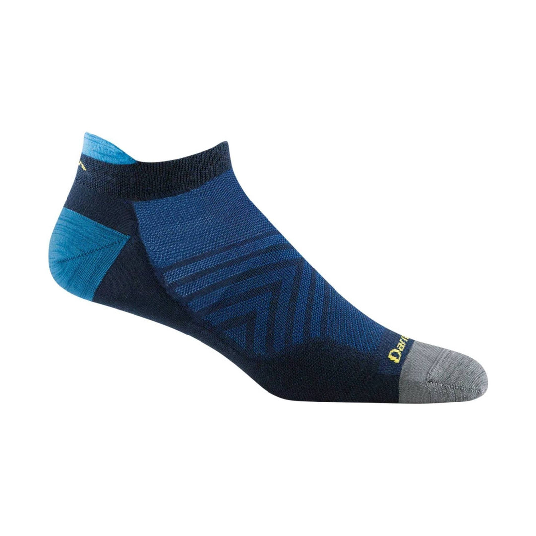 Blue and navy ankle running sock with gray toe and heel