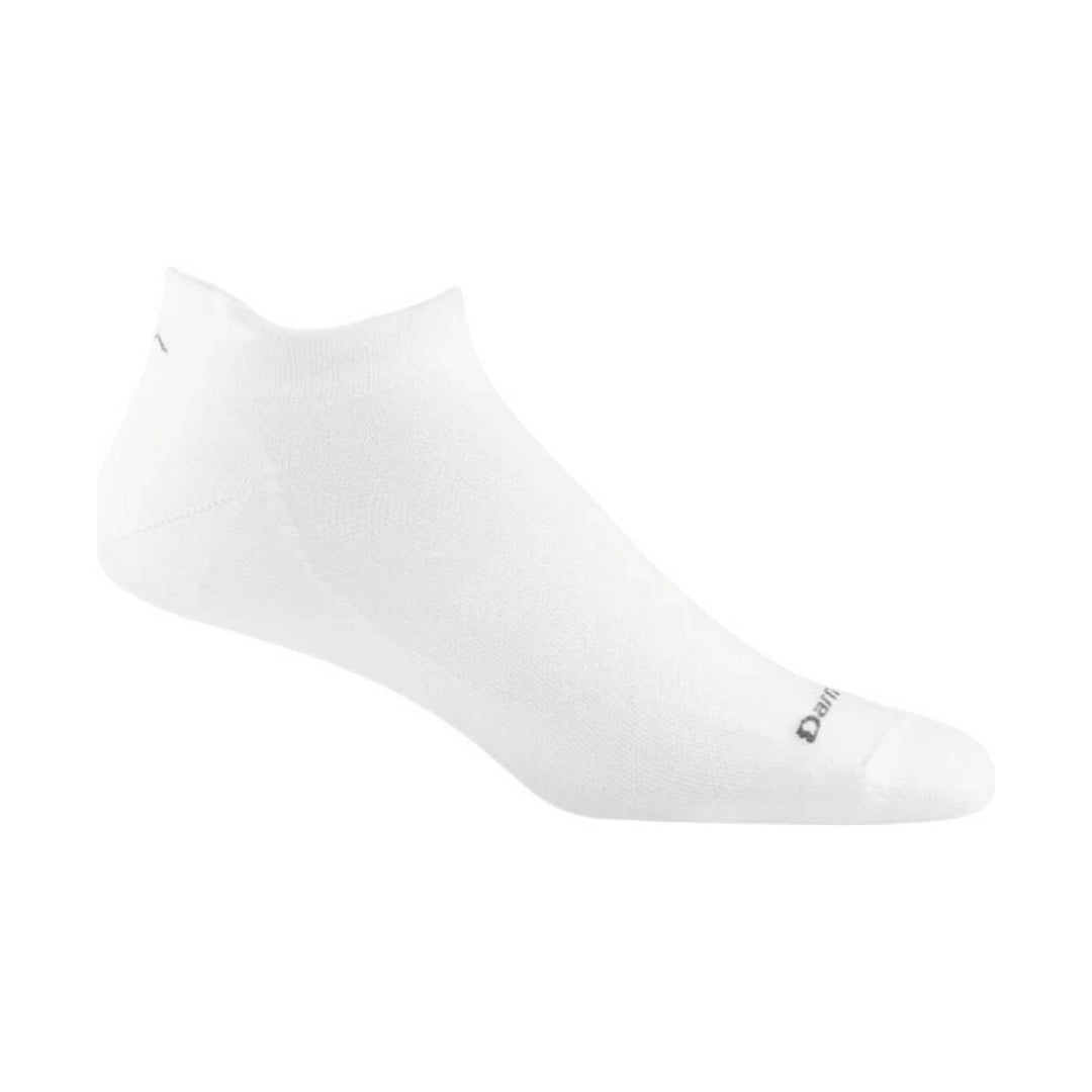 White no-show tab running sock with a small ankle logo and visible brand text near the toe