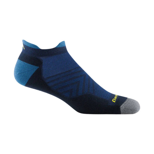 Low-cut navy and blue running sock with a gray toe and yellow logo text