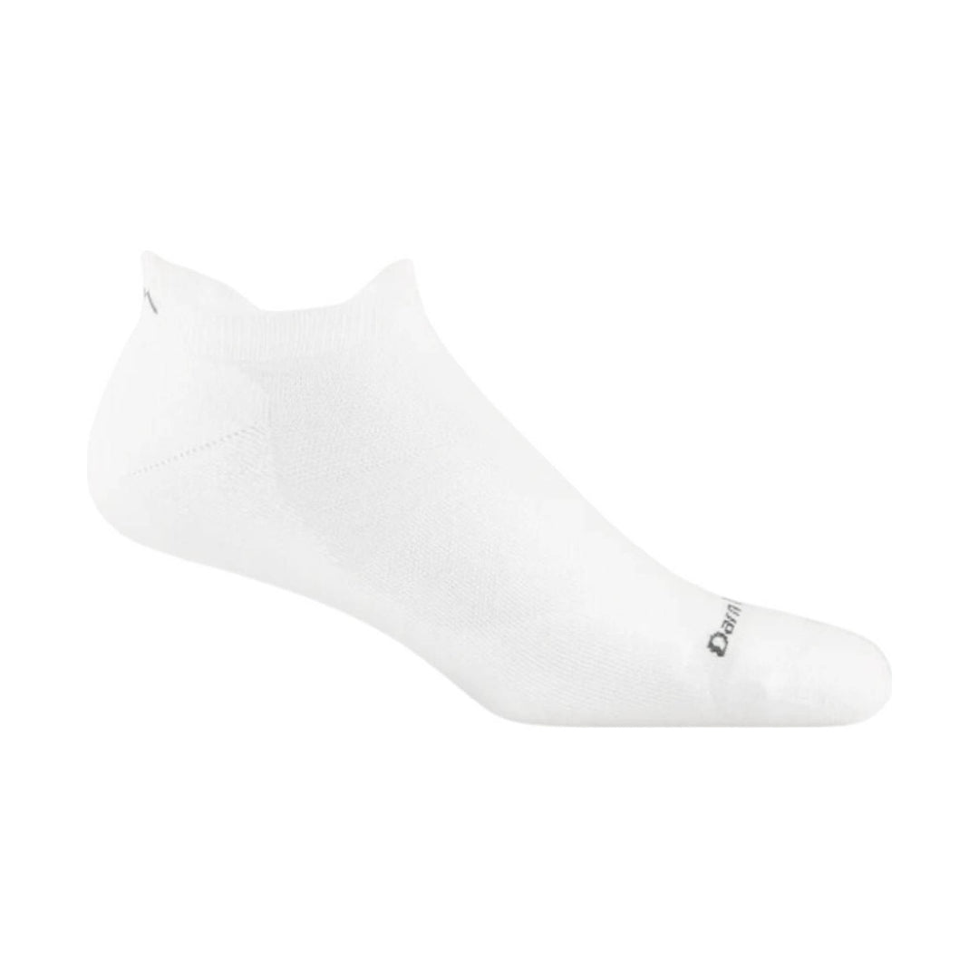 White low-cut running sock with a ribbed knit cuff and small logo near the toe.