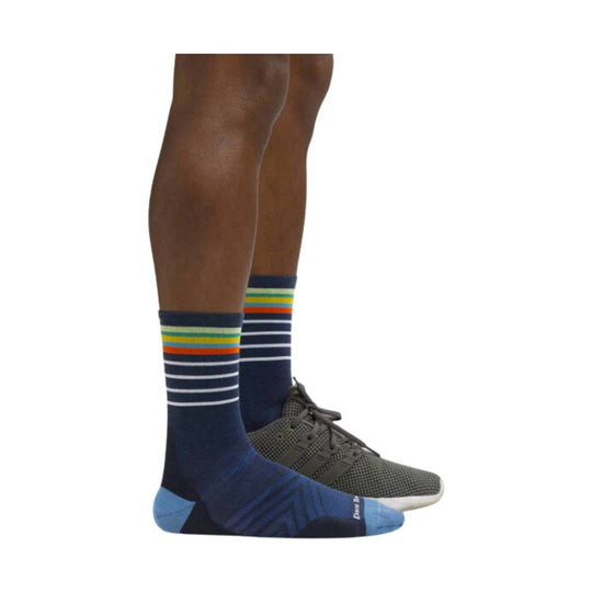 Navy crew running socks with multicolor stripes and light blue toe and heel