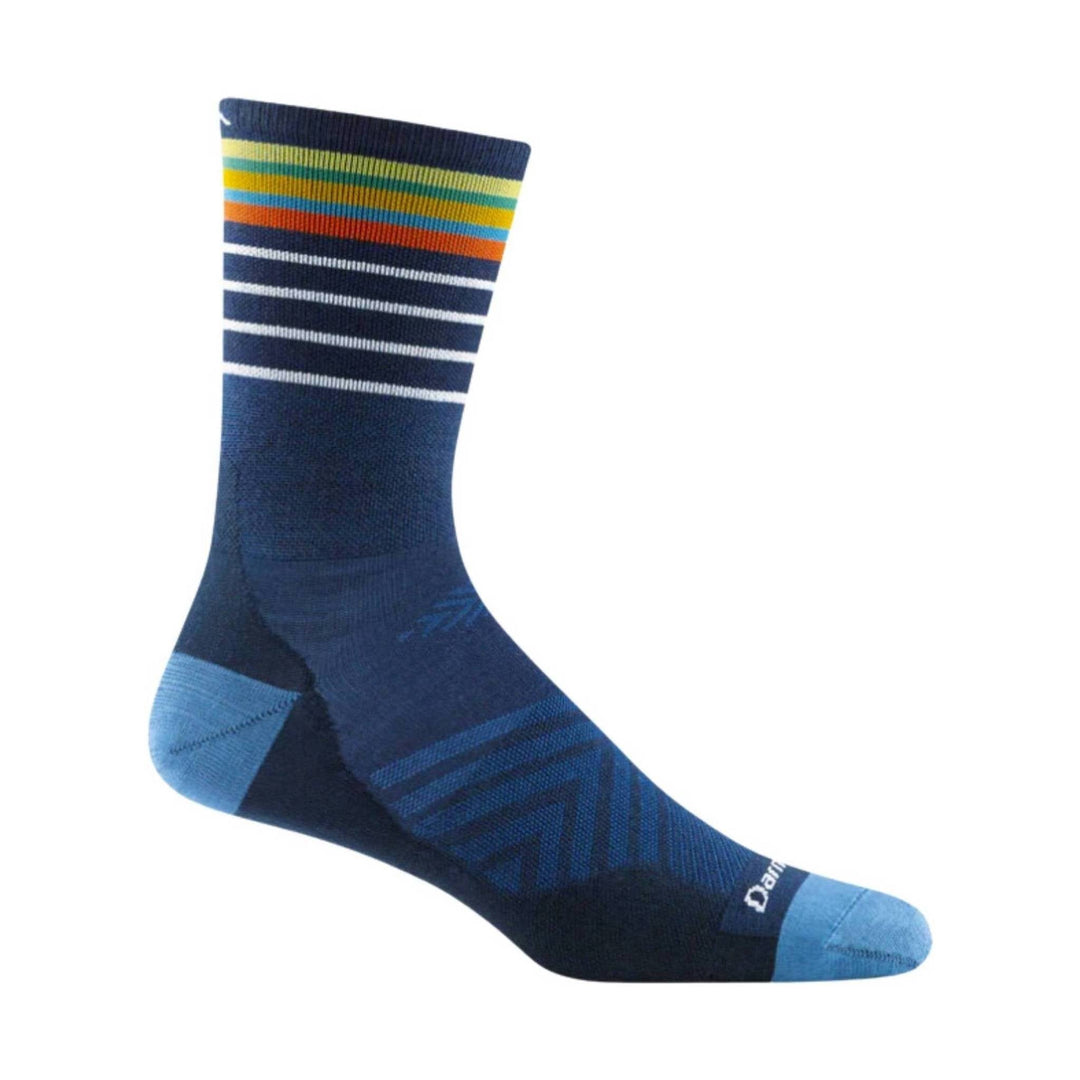 Navy crew sock with multicolor striped cuff and light blue toe and heel