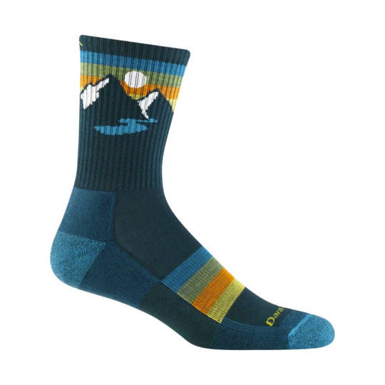 Dark blue crew sock with a mountain sunset pattern and striped cuff