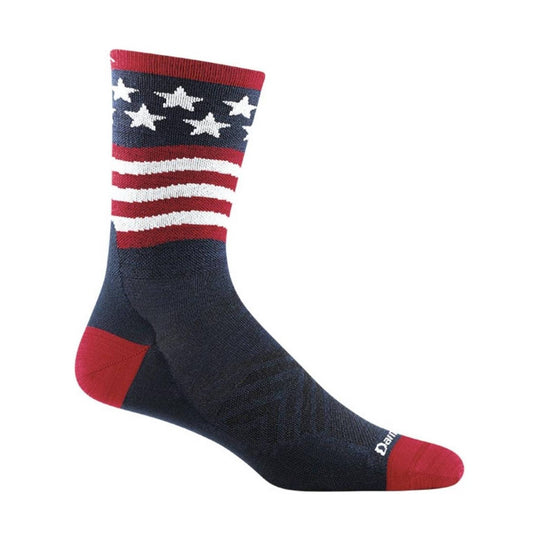 Navy sock with red heel and toe, red-and-white stripes, and white stars near the cuff