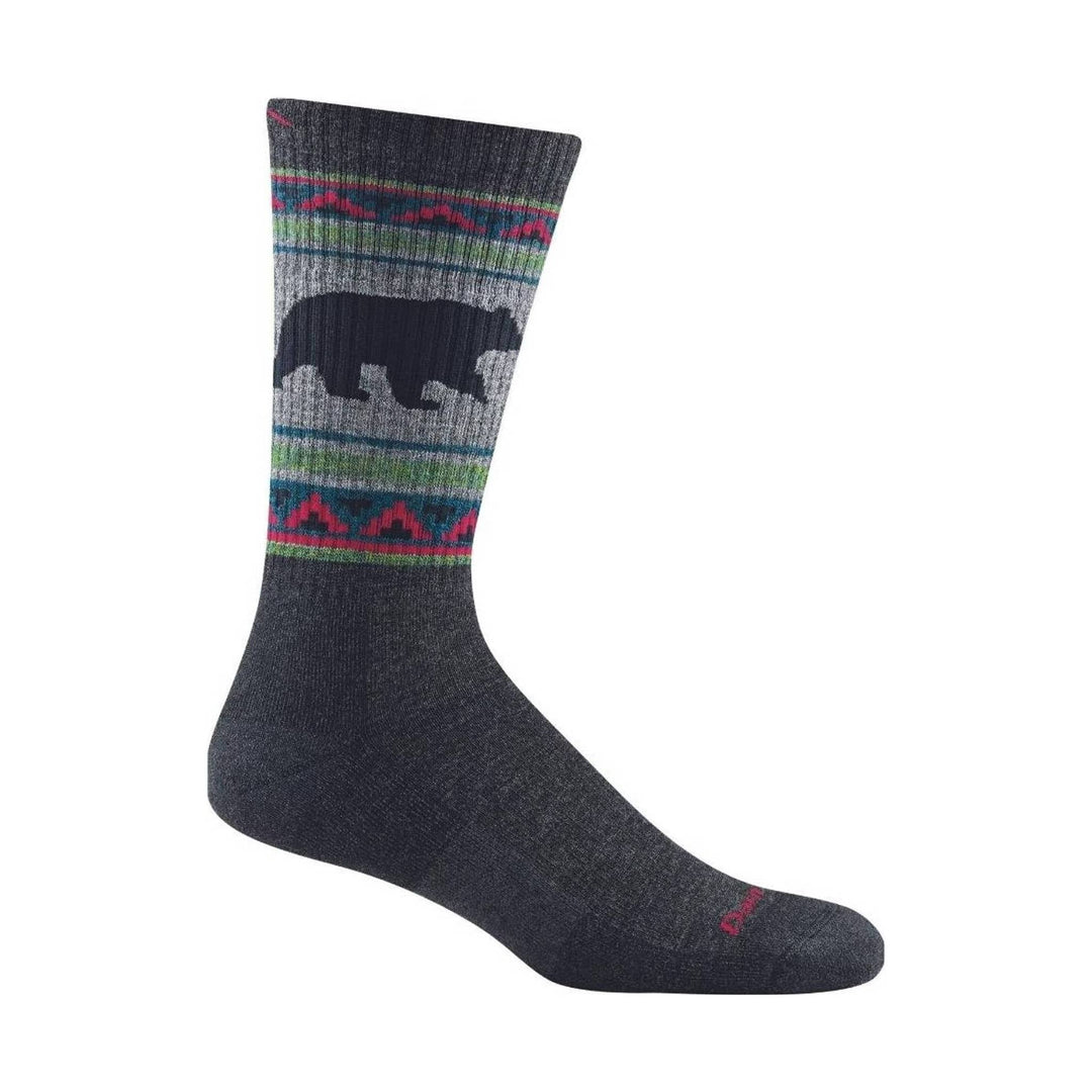 Charcoal gray patterned crew hiking sock with multicolor stripes and a bear graphic