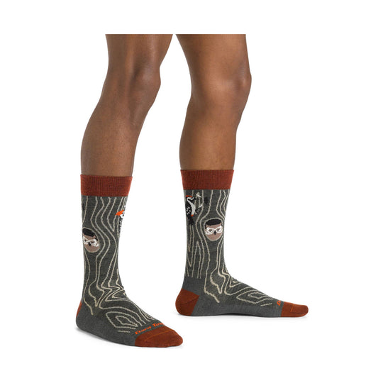 Dark gray crew socks with rust cuffs, heels, and toes, shown on a model's lower legs