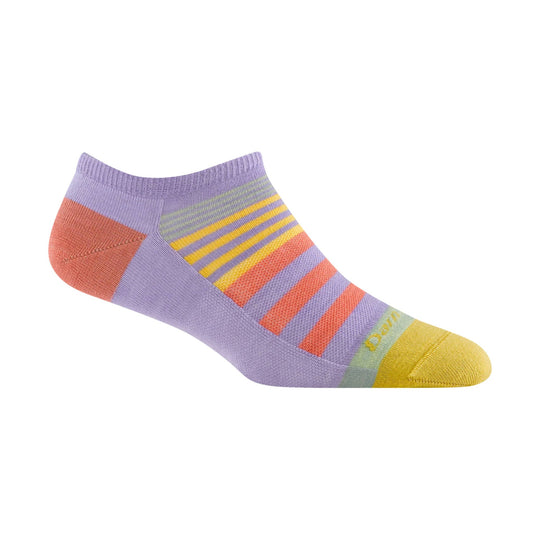 Lavender no-show sock with coral, yellow, and striped color blocks