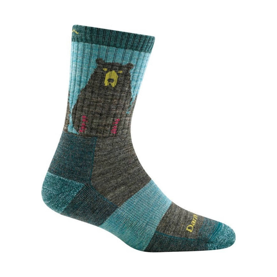 Blue-gray and teal hiking sock with a bear graphic and yellow text