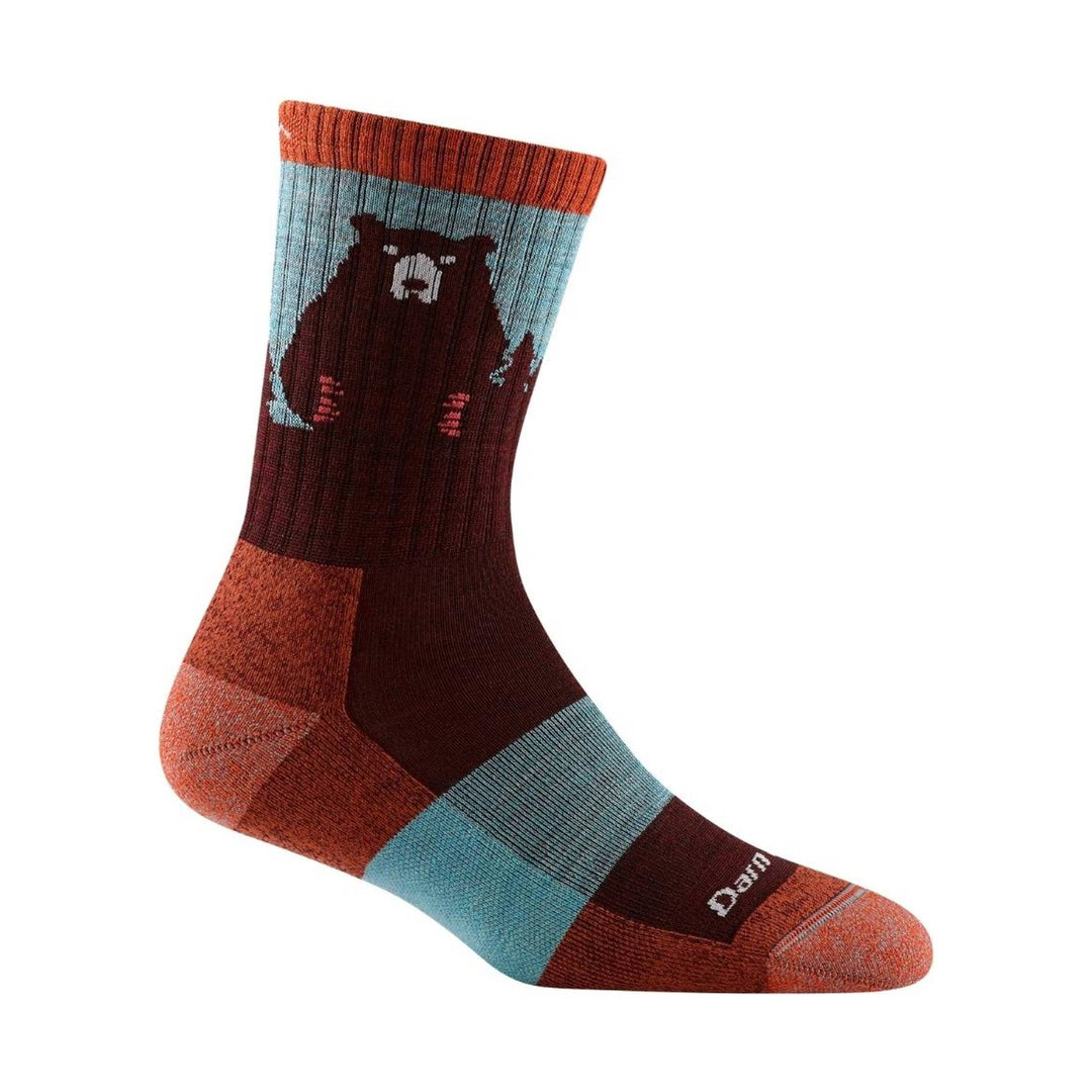 Crew sock with a bear graphic, rust and teal color blocks, and visible Darn text near the toe