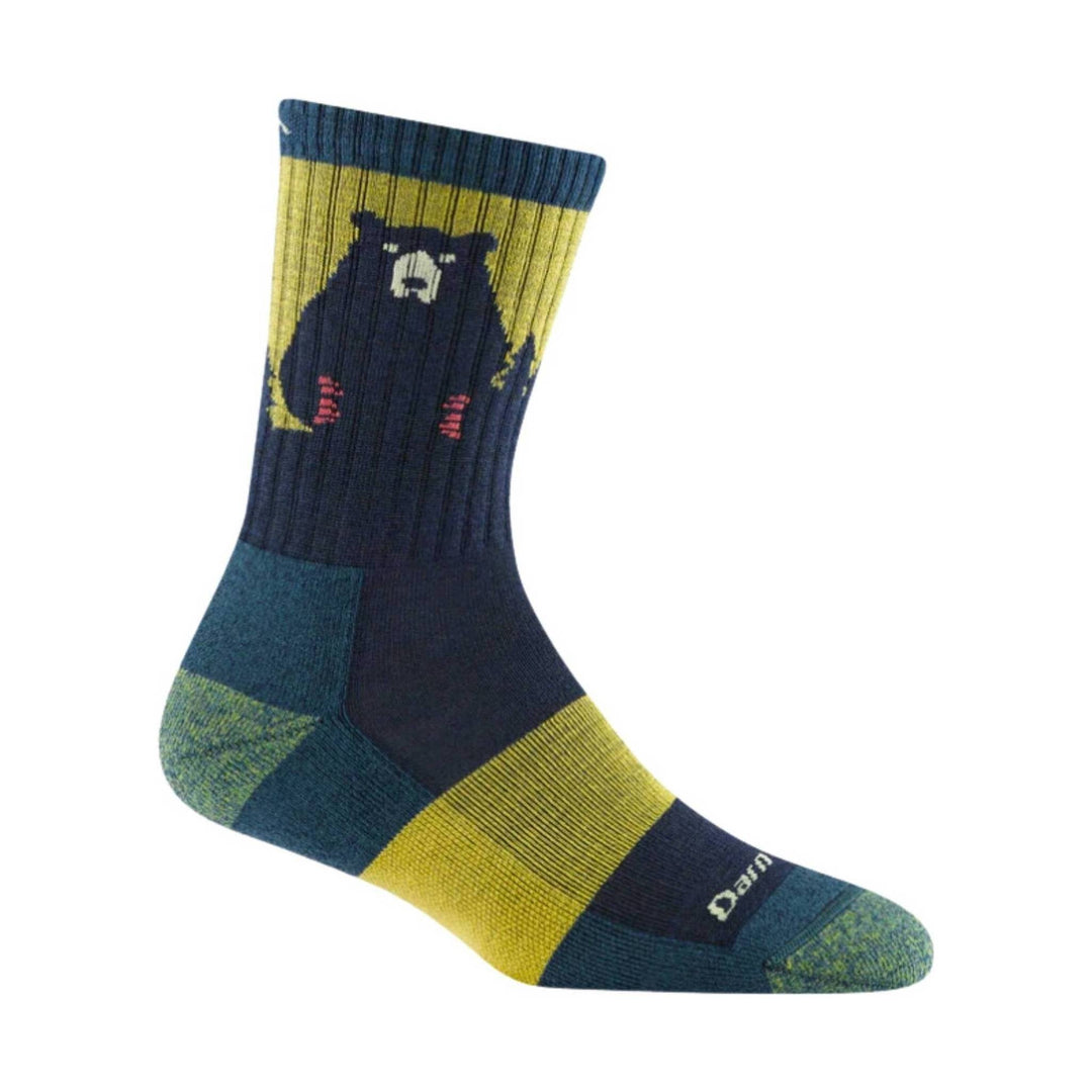 Dark teal crew sock with yellow and navy color blocks and a bear graphic