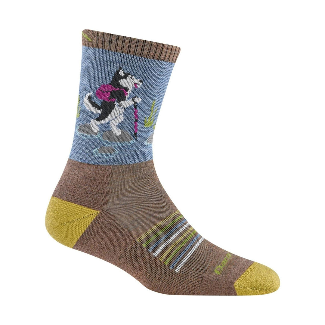Brown and blue hiking sock with yellow toe and heel, featuring a black-and-white dog graphic