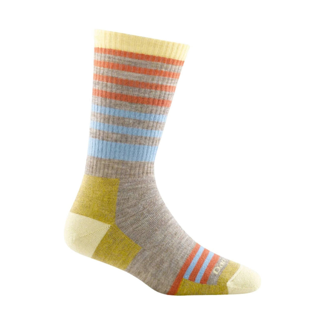 Crew sock with cream, gray, yellow, coral, and light blue stripes and blocks