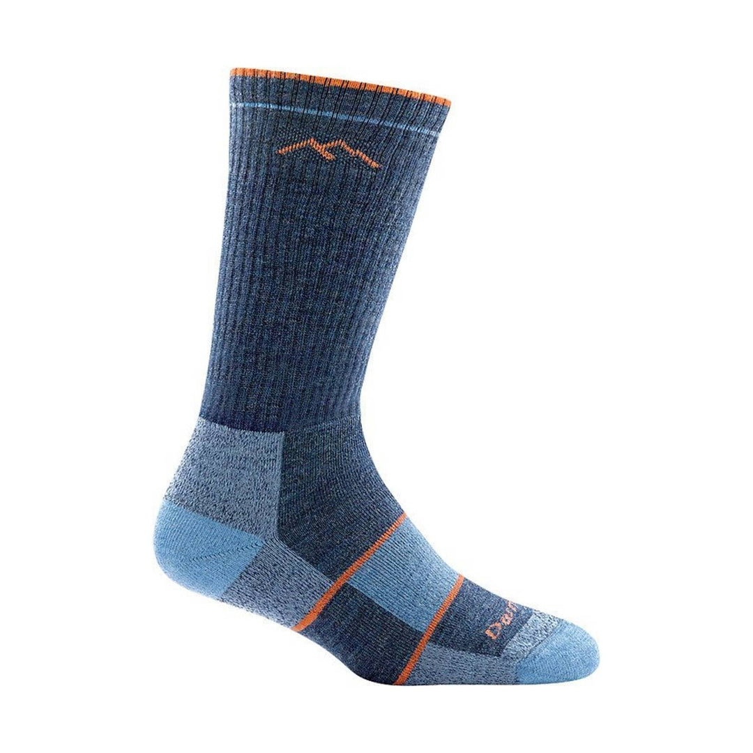 Blue crew hiking sock with orange trim and color-blocked panels