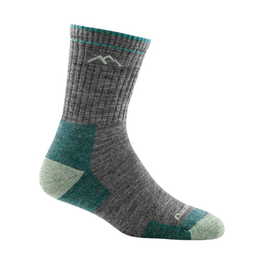 Gray hiking sock with teal accents and a visible Darn Tough logo