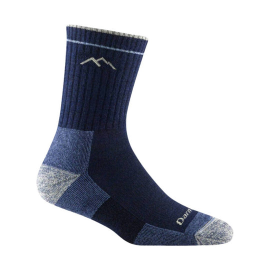 Dark blue hiking sock with light gray heel and toe, ribbed cuff, and small mountain logo