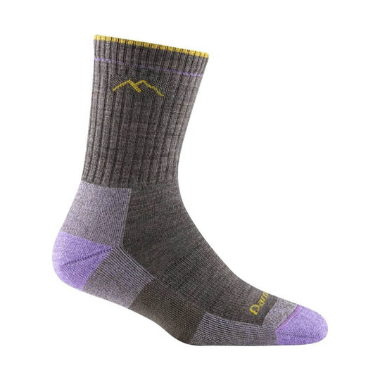 Gray and lavender hiking sock with yellow trim and a small mountain logo