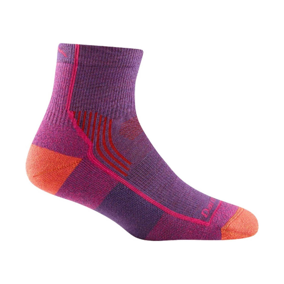 Purple and pink quarter-length hiking sock with orange toe and heel accents