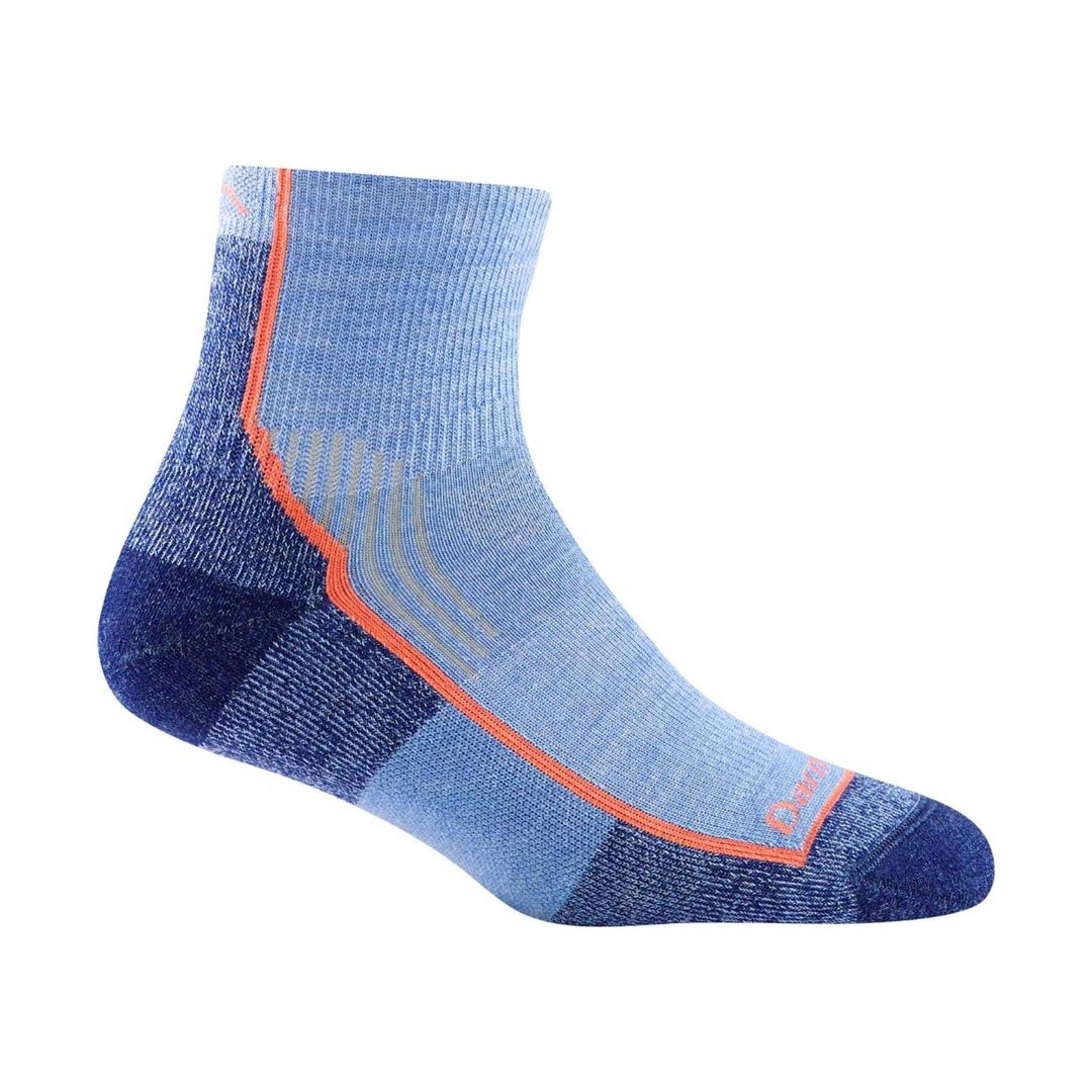 Light blue and navy ankle sock with orange trim and heel-to-toe support zones