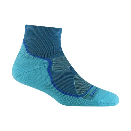 Blue and teal ankle hiking sock with reinforced heel and toe