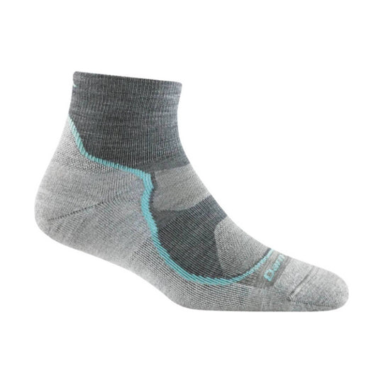 Gray ankle hiking sock with teal accent stitching