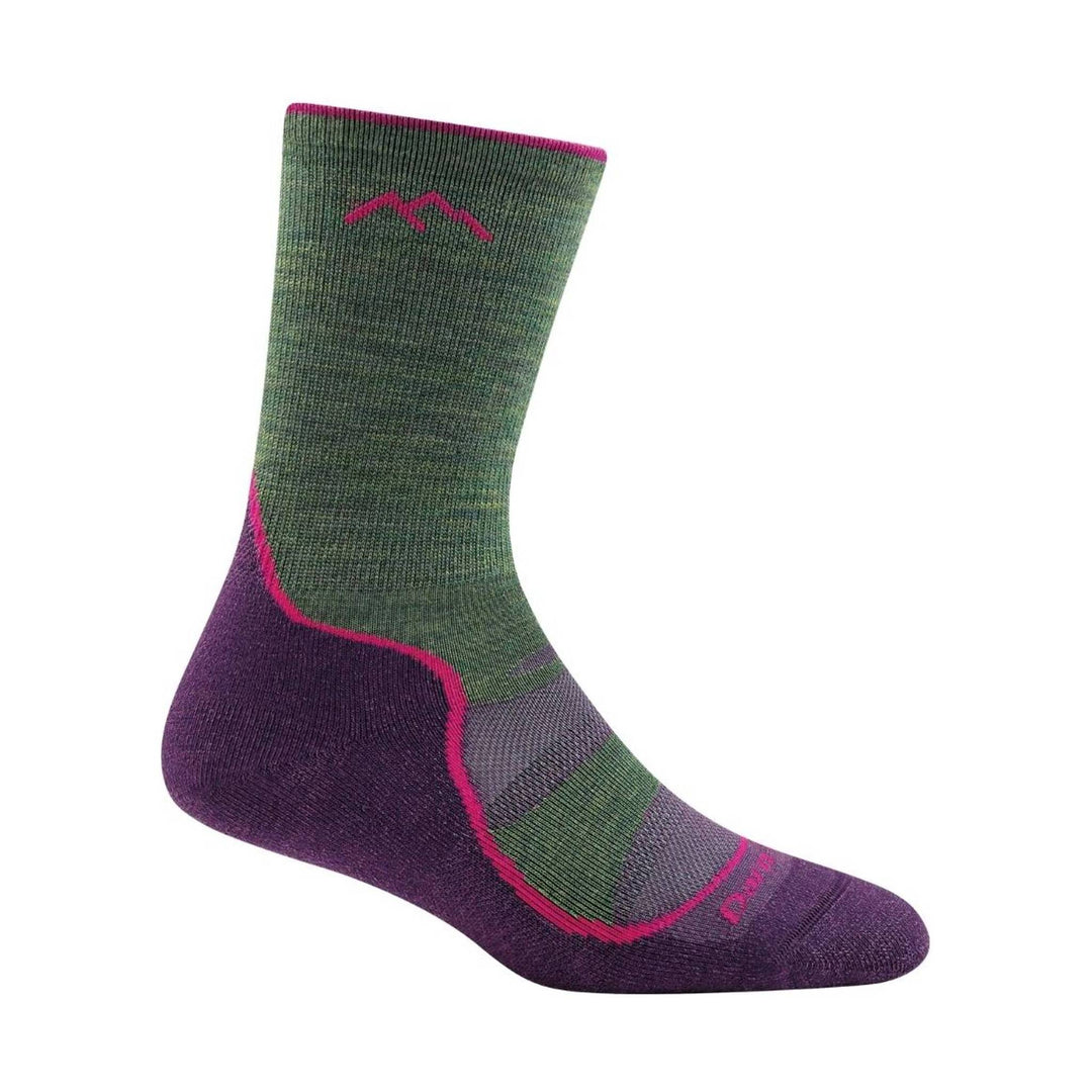 Green and purple mid-calf sock with pink trim and a pink mountain logo