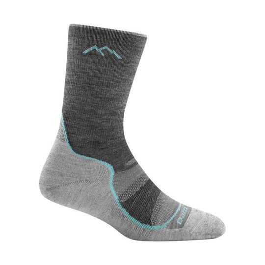 Gray crew hiking sock with light blue accents and reinforced heel and toe