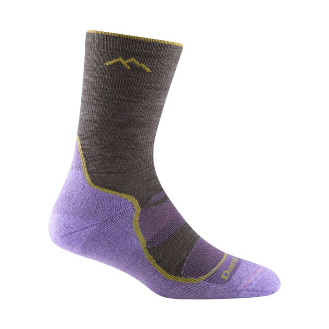 Purple and gray mid-calf hiking sock with yellow trim and logo, side view