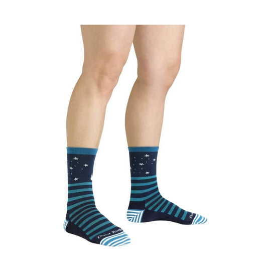 Navy crew socks with teal stripes, star pattern, and blue toe and cuff.