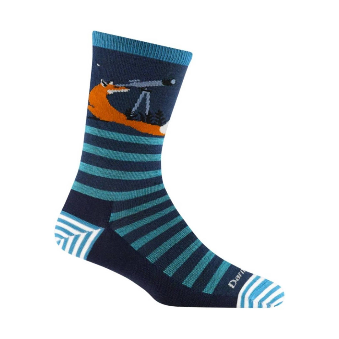 Navy crew sock with teal stripes, orange fox graphic, and white striped toe and heel