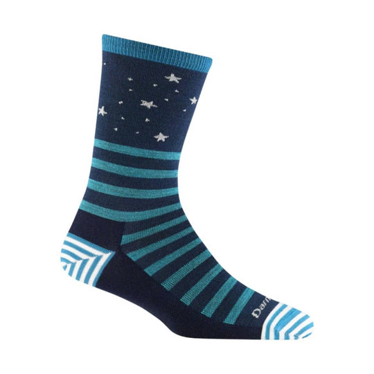 Navy crew sock with teal stripes, white star pattern, and turquoise cuff