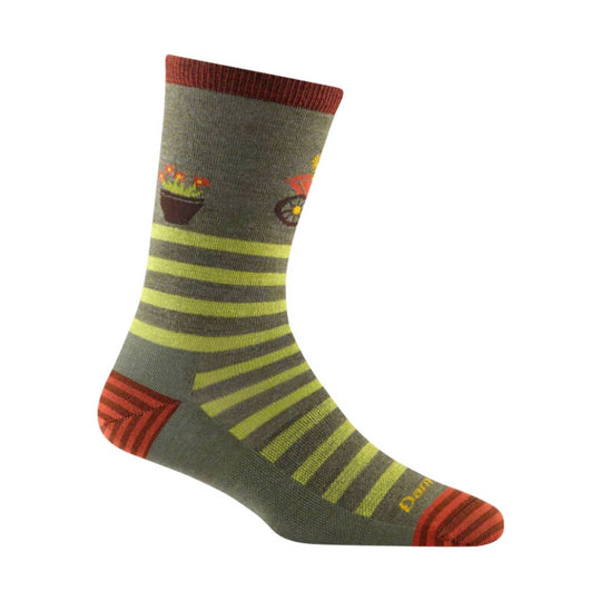 Olive green crew sock with lime stripes, red trim, and small bicycle and flower graphics