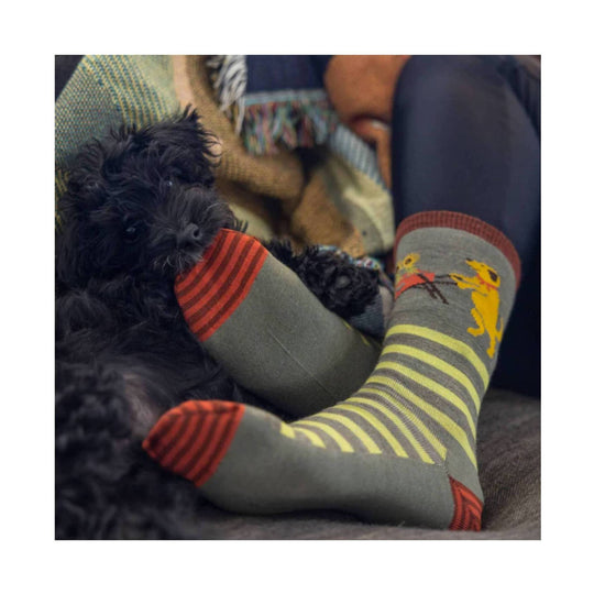 Olive crew socks with red striped cuffs and yellow frog graphics