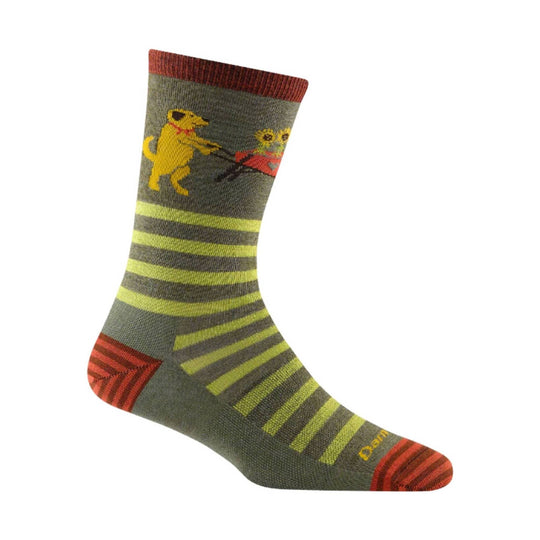 Olive crew sock with yellow stripes, red cuff and toe, and a dog and cat graphic near the top