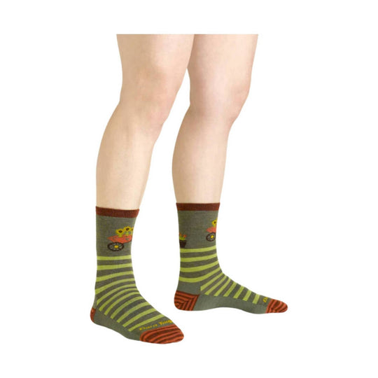 Olive crew socks with lime stripes, orange toe and heel accents, and a small wheel-and-flower graphic