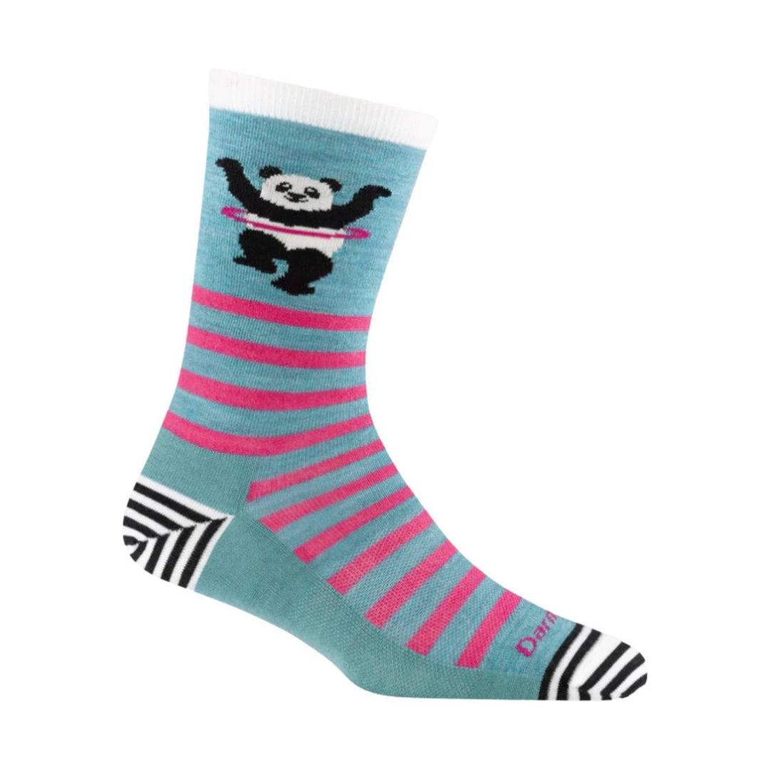 Teal crew sock with pink stripes, a panda graphic, and black-and-white striped heel and toe.