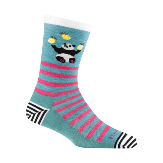 Teal crew sock with pink stripes, a panda juggling pineapples, and black-and-white striped heel and toe