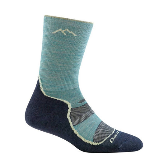 Light blue and navy hiking sock with cushioned panels and visible Darn text on the toe